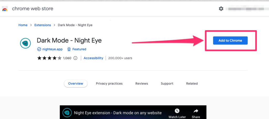 The screenshot shows where the "Add to Chrome" button is on the Chrome Web Store page