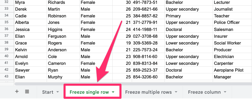 The screenshot shows where is the 'freeze single row' tab in the exercise spreadsheet that you can use together with this tutorial