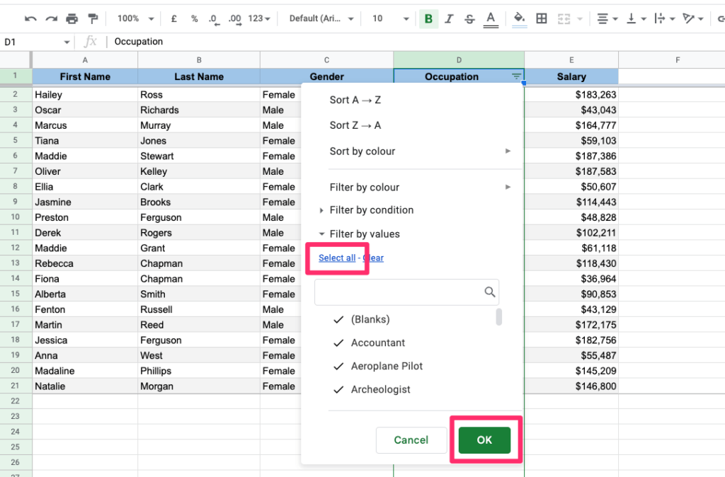 Filtering options submenu setttings