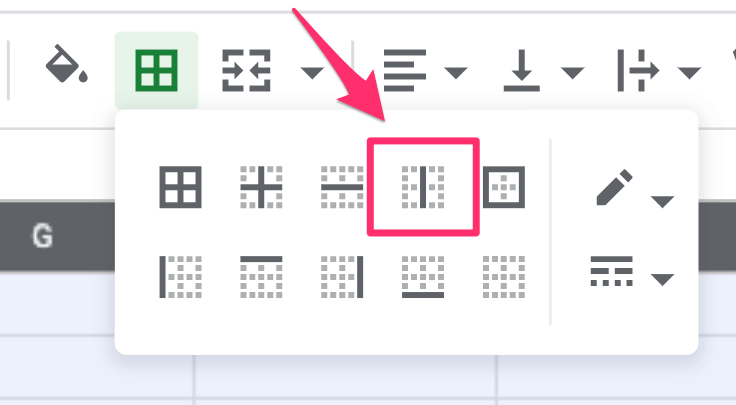 The screenshot shows where to locate the 'vertical borders' setting. It's the 4th icon from the left in the top row of options