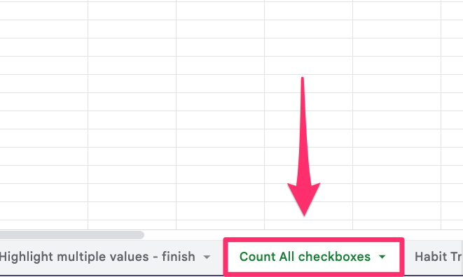 The screenshot where to find the 'count all checkboxes' worksheet in our exercise spreadsheet. It's 5th tab from the left