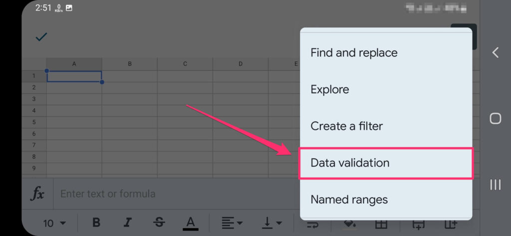 The screenshot shows where to access Data Validation setting in Google Mobile App for Android devices