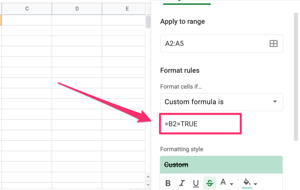 The screenshot highlights the input where you can add your custom function to apply to conditional formatting