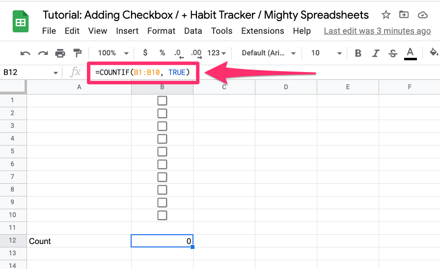 The screenshot highlights the COUNTIF formula being used to count all checked checkboxes