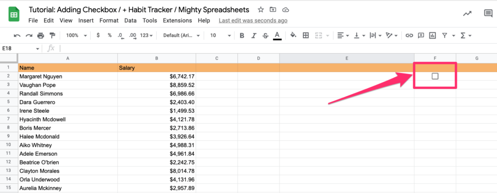 The screenshot highlights F2 cell where we are going to put our checkbox