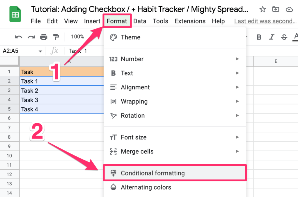 The screenshot highlights the steps required to access Conditional formatting settings from the options menu