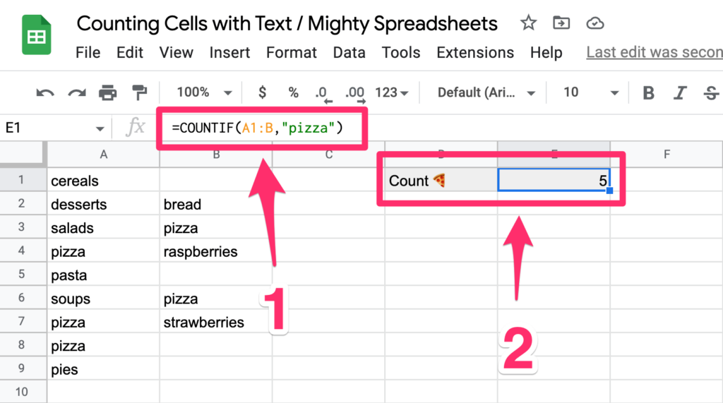 The screenshot shows two things. First arrow points to the place where the COUNTIF function is used to count all 'pizza' word occuriencies. Second arrow points to the cell where we have the sum of all 'pizza' words in our excercise doc (its 5)