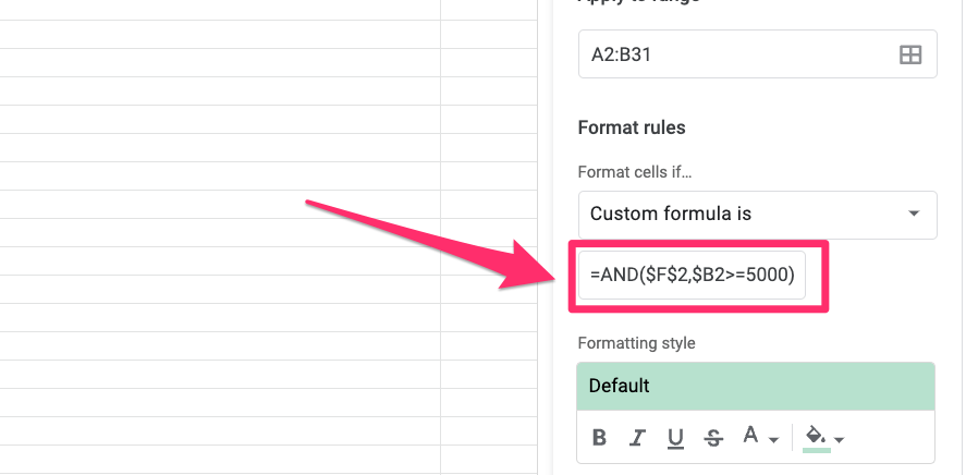 The screenshot custom formula added for conditionally formatting all entries that are higher than $5000 