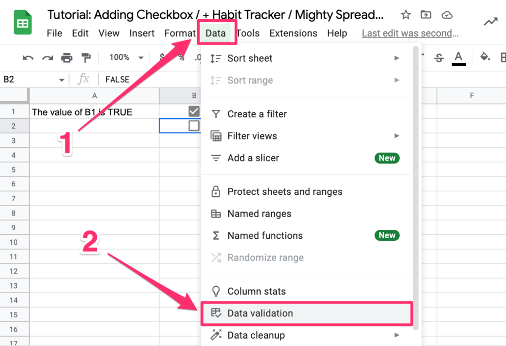 The screenshot shows how to access Data validation settings from the options menu