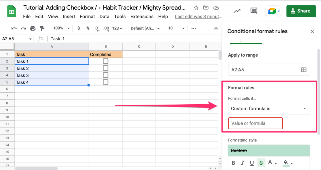 The screenshot highlights 'format rules' section in the conditional formatting settings