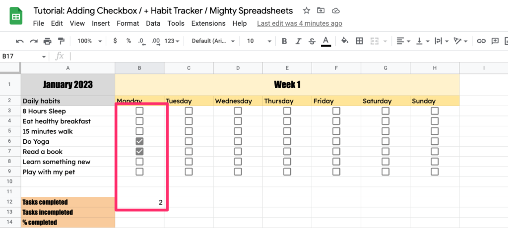 The screenshot shows implementation of counting the completed tasks for a single day of the week