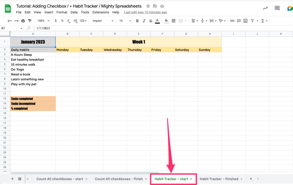 The screenshot shows where to access 'Habit Tracker - start' worksheet in our exercise sheet. It's 7th tab from the left