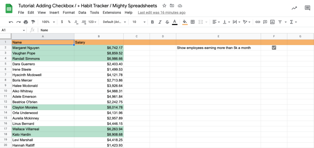 The screenshot shows static preview of how you can control multiple entries with one checkbox in Google Sheets