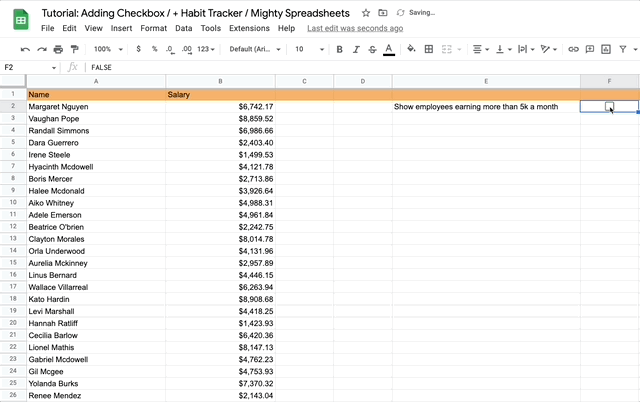 Gif shows how the entries where Salary is higher than $5000 are being highlighted in green when we use our single checkbox toggle