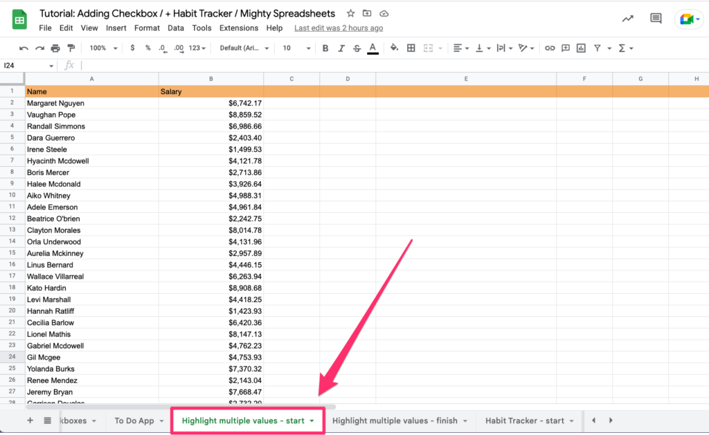 The screenshot shows where to access the 'highlight multiple values - start' worksheet in my exercise. It's 3rd tab from the left