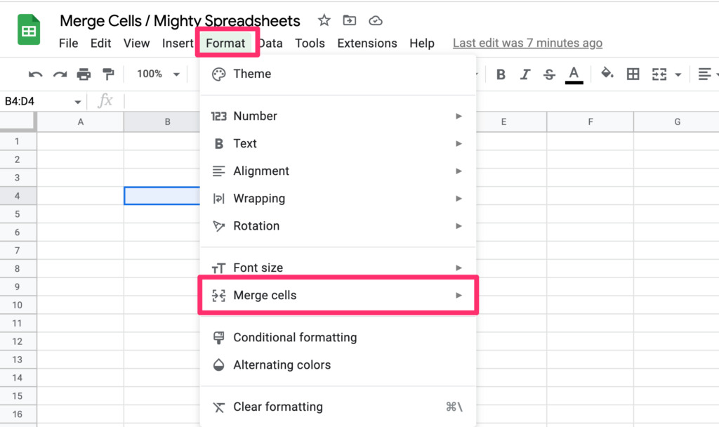 The screenshot shows where to find the 'merge cells' menu item under the 'Format' menu item. It's 8th item from the top