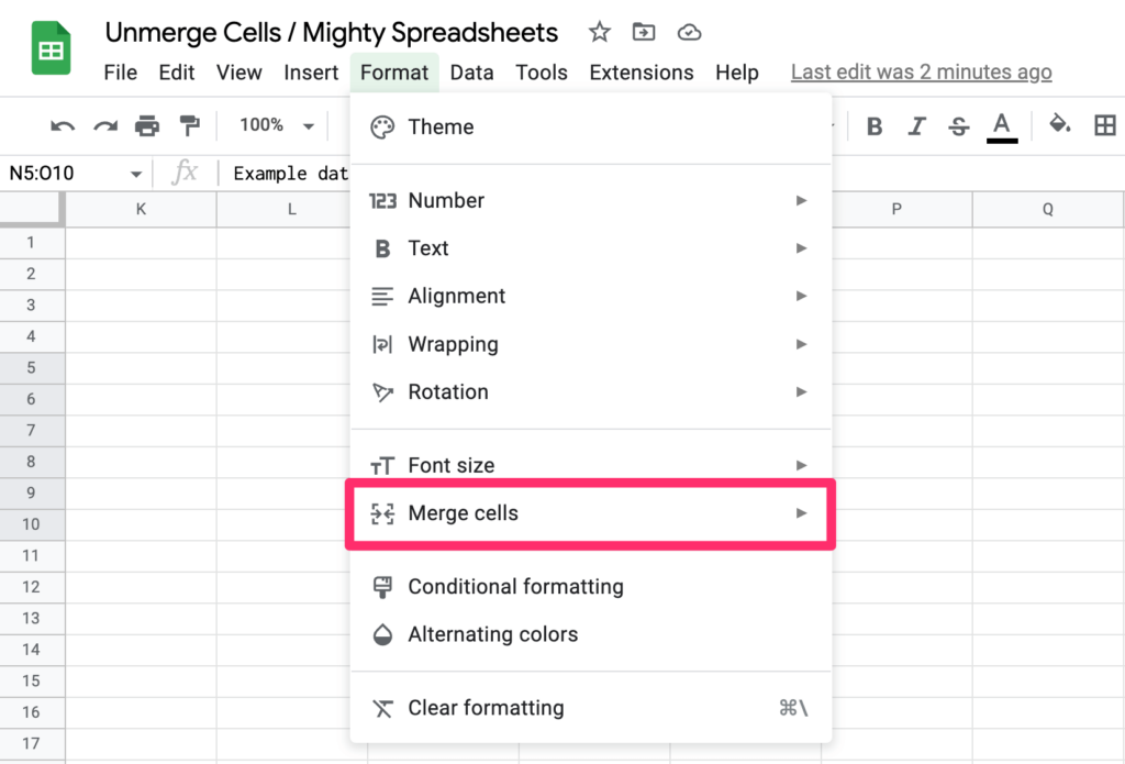 The screenshot shows where to find the 'Merge cells' option under the Format primary menu. It's 8th item from the top