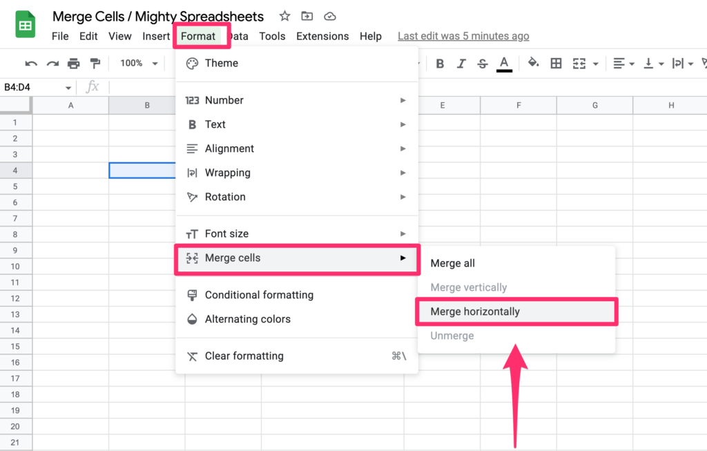 The screenshot shows how to access 'merge horizontally' menu item under the 'merge cells' menu option