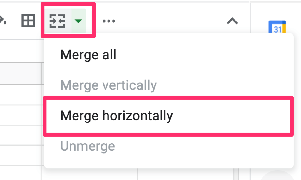 The screenshot highlights additional contextual options that appear after you click on the merge cells icon