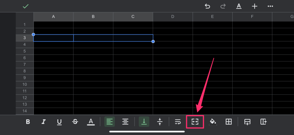 The screenshot shows where to find the merge cells icon in Google Sheets mobile app on IOS 