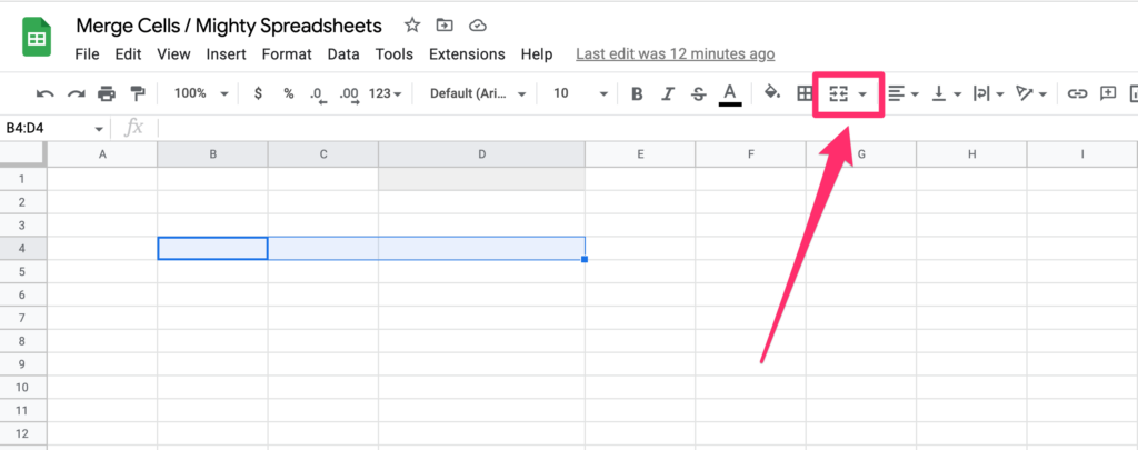 The screenshot a pink arrow pointing on the merge cells icon in the Google Sheets toolbar