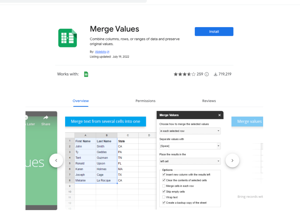 Screenshot of the 'merge values' extension in the Google Workspace Marketplace
