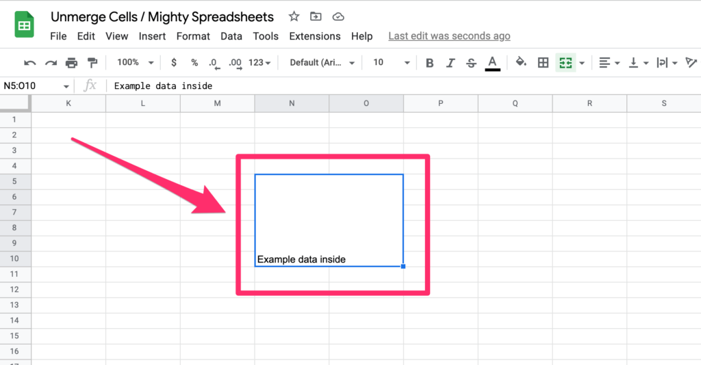 The screenshot shows focus being put on vertically and horizontally merged cells in the middle of the spreadsheet