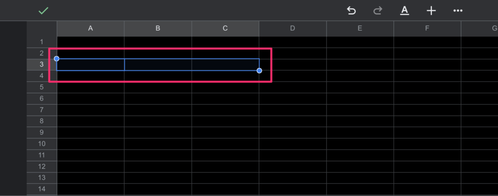 The screenshot shows putting focus on the A3,B3 and C3 cells in Google Sheets mobile app