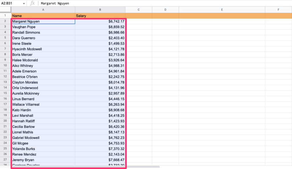 The screenshot all entries from A and B columns being highlighted