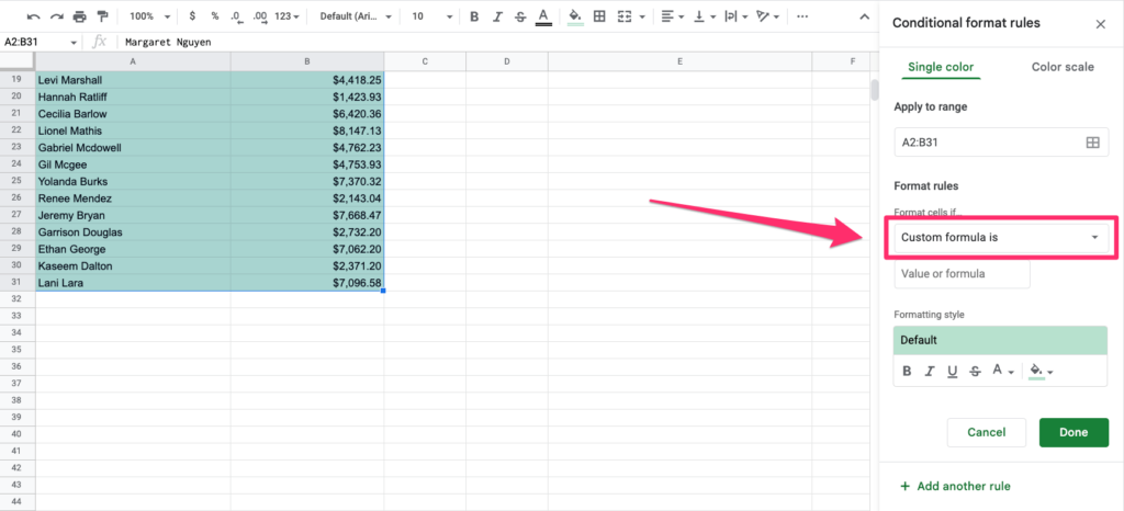 The screenshot highlights where to set format rules to use custom formula