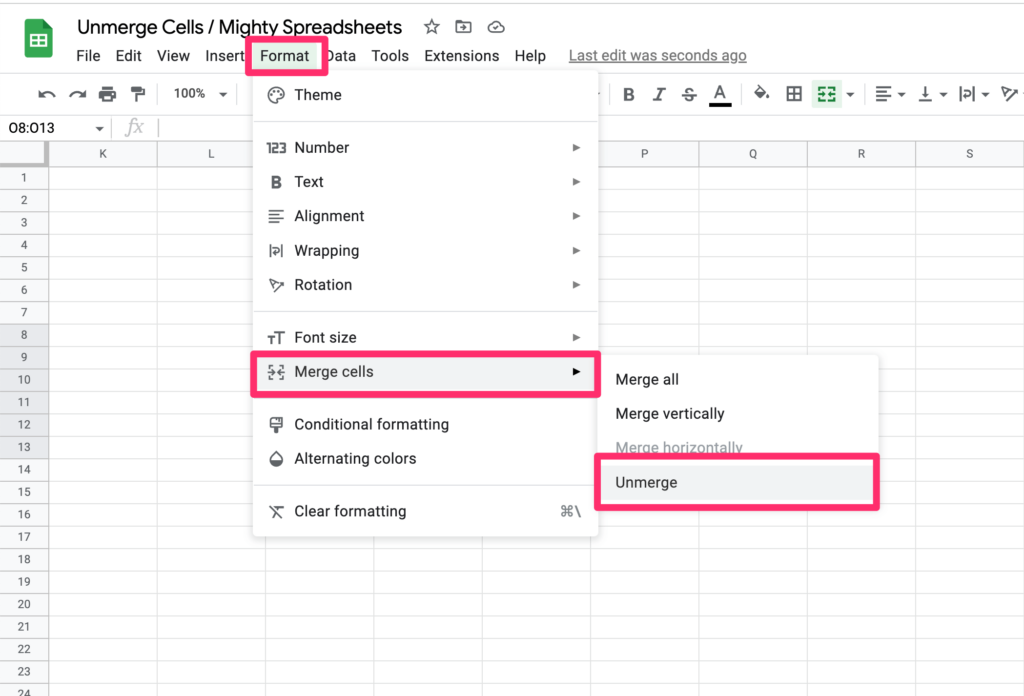 The screenshot highlights menu items user needs to click in order to unmerge cells using the options menu