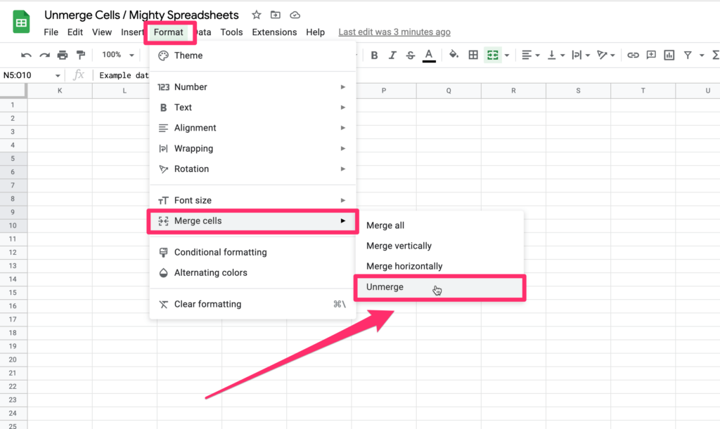 The screenshot shows where to find the 'unmerge' option under the Format primary menu. It's 4th item from the top