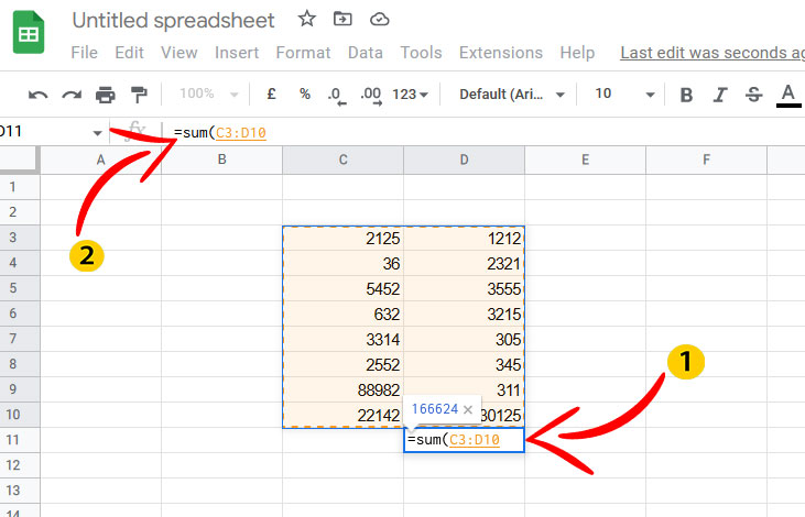 The screenshot shows C and D columns being selected as we will be adding values from multiple columns