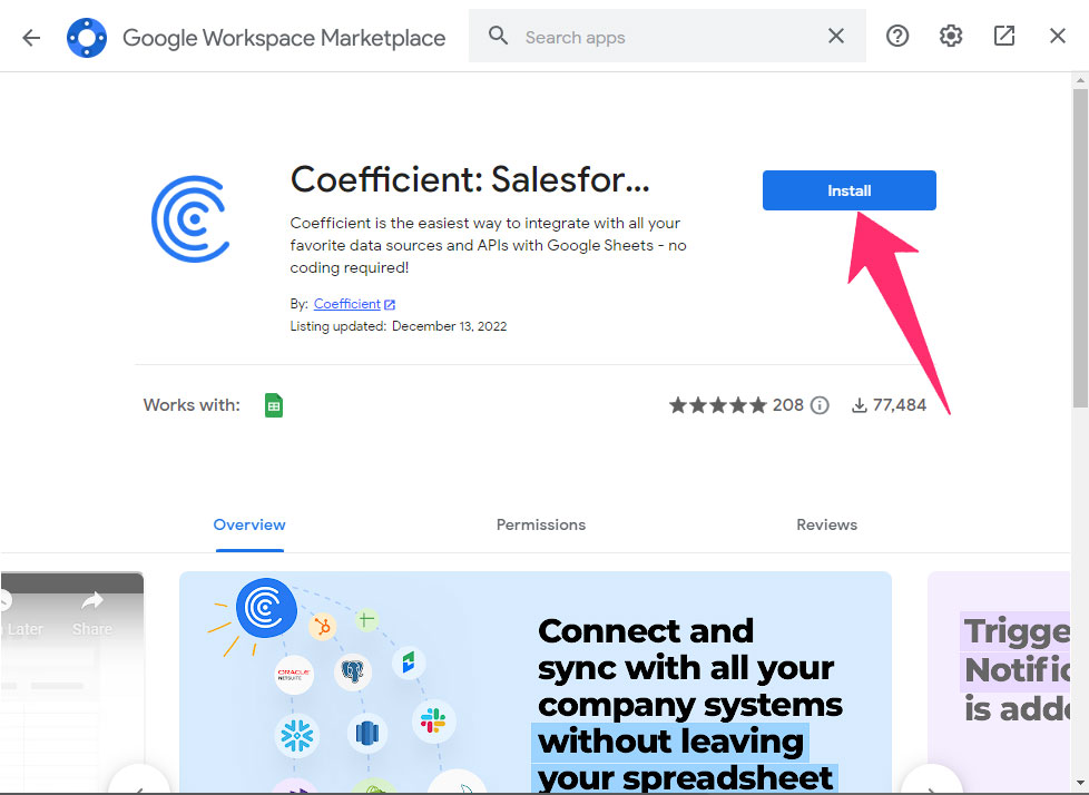 The screenshot shows how to install Coefficient app for Google Sheets