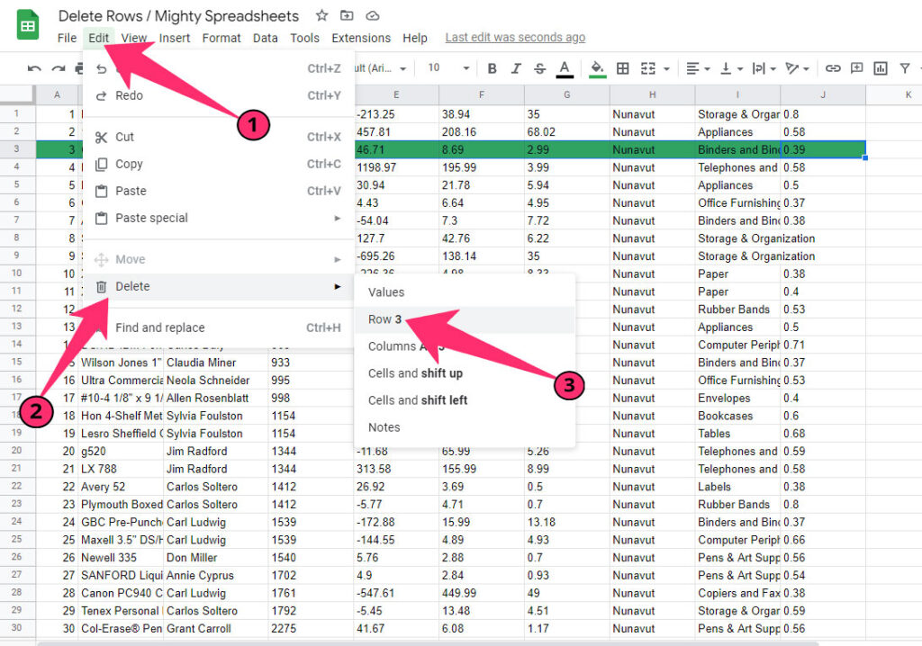 The screenshot shows the steps you need to cover to delete rows in Google Sheets. First arrow points on Edit menu item, secon arrow points on 'Delete' submenu item and third one shows where to click to get rid of the row