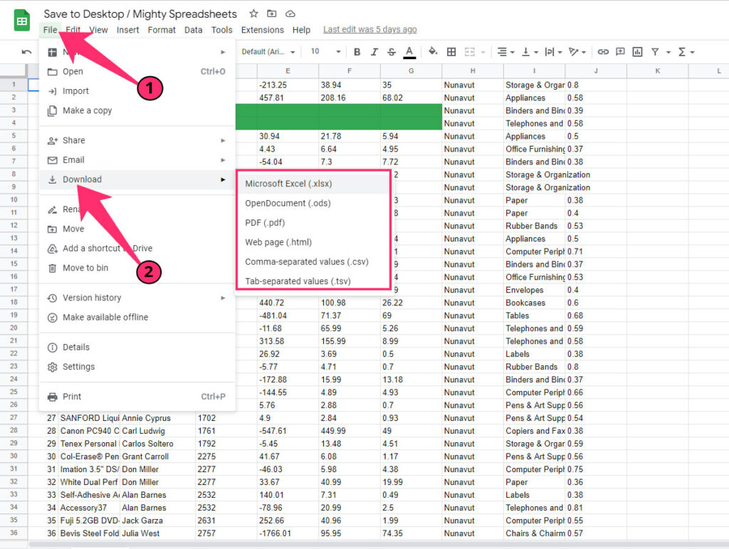 The screenshot shows how to access the Download sheet option within the Options menu. The highlight shows available choices for the prefered format of the download