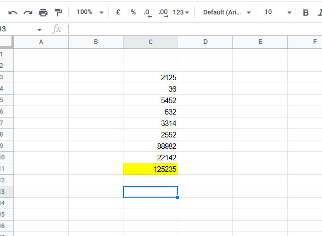 The screenshot shows the final effect of using the SUM function. The sum of numbers in the C11 cell is highlighted in yellow (the highlighting was added separately and is not an effect of the SUM function)