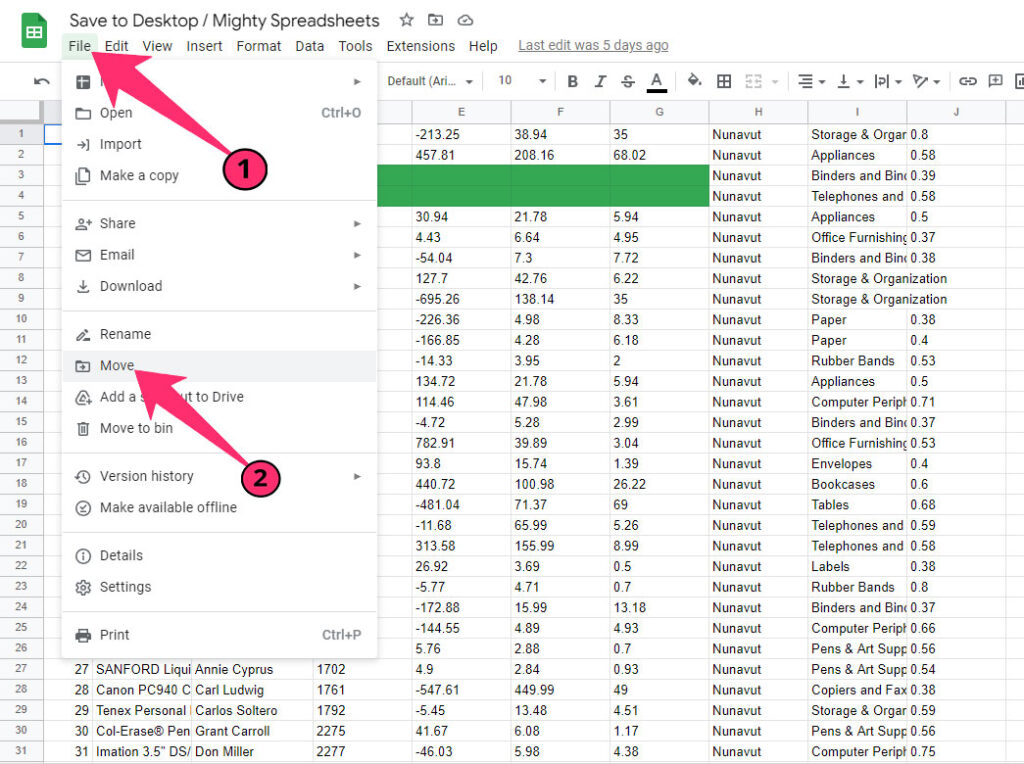 The screenshot shows how to move a file between different folders using the Options Menu