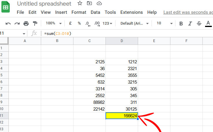 The screenshot shows multiple Columns being summed up. The D11 cell contains the output, the input is from C3 to D10 columns