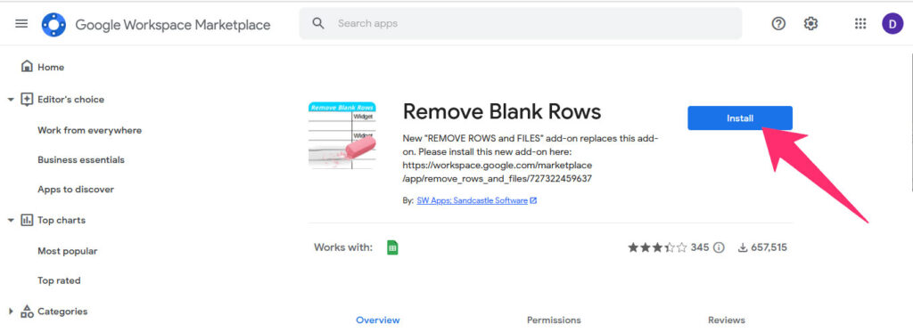 The screenshot shows the Remove Blank Rows Addon landing page with an arrow pointing on the 'Install' button