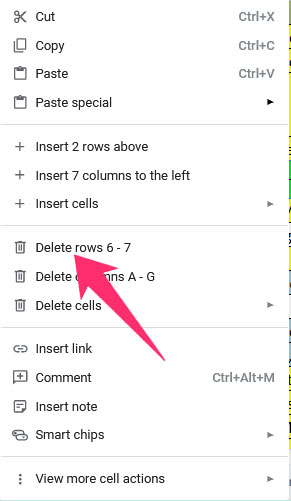 The screenshot shows contextual menu and arrow pointing on the 'Delete rows 6-7' menu item