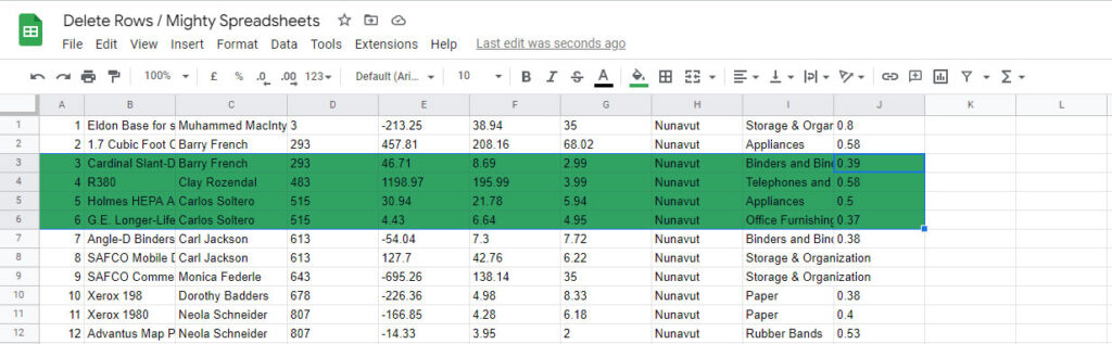 The screenshot shows rows 3 to 6 being selected