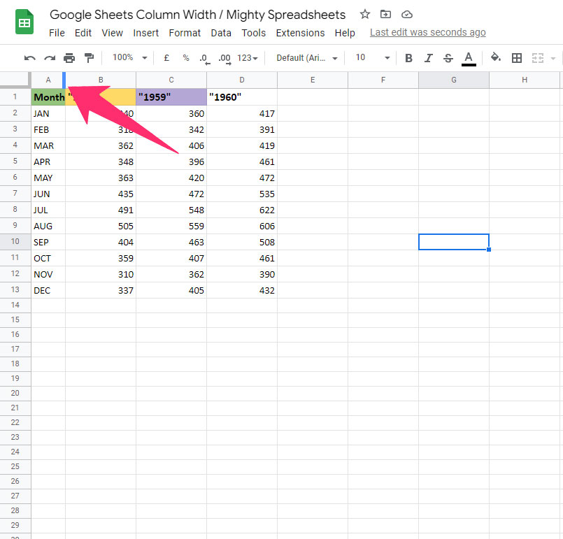 Arrow pointing on the line that's separating two columns in our example sheets