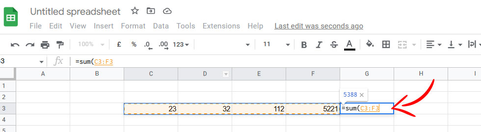 The screenshot shows row 3 in C,D,E,F columns being selected because we will be adding numbers in 1 row