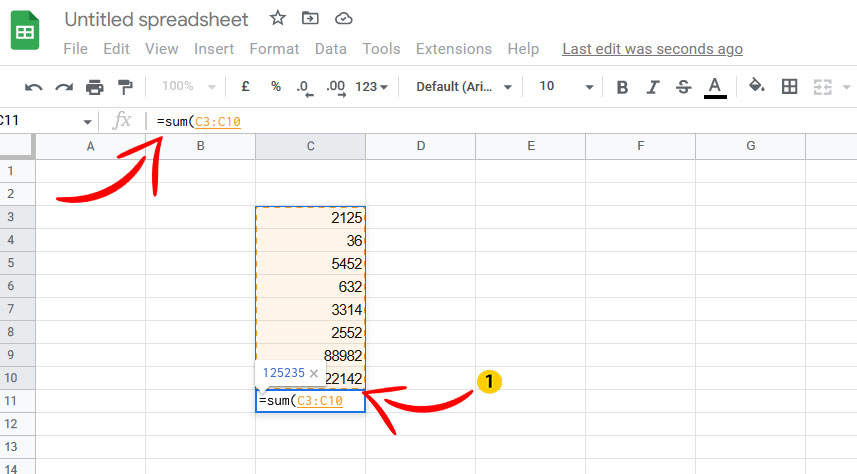 The screenshot shows how to use the SUM function in a cell. We are using the SUM function in the C11 cell to sum up values from cells from A3 to A10