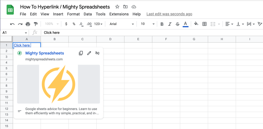 The screenshot shows the final effect of creating a hyperlink. A1 cell has 'click here' text that links out to the mightyspreadsheets.com website