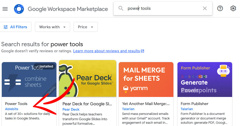 The screenshot shows a how to access Power Tools extension in Google Workspace Marketplace