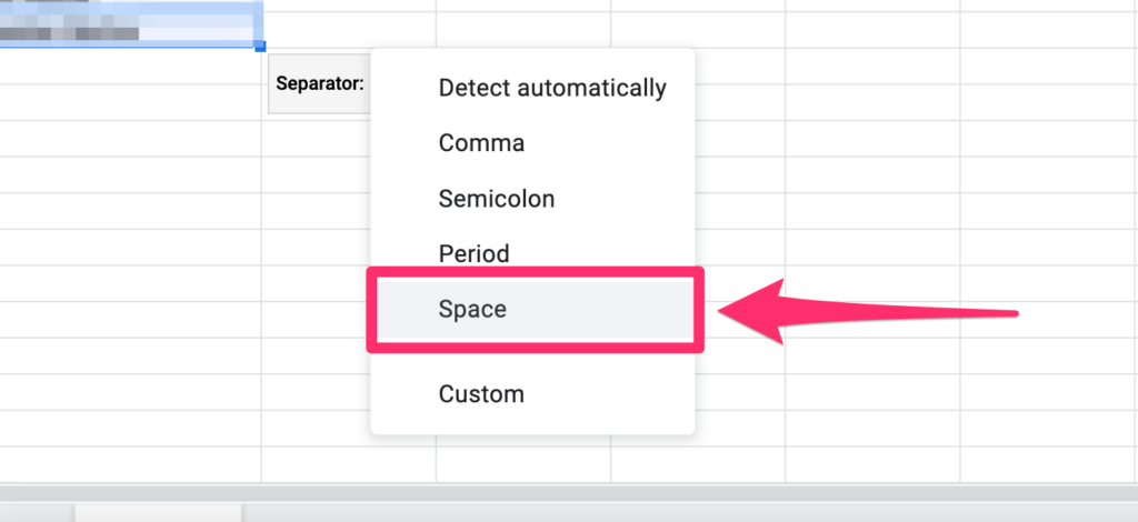 The screenshot shows different options for picking a separator for splitting text, with the arrow pointing on 'space'