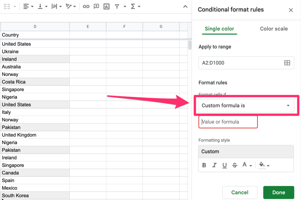Arrow pointing on 'custom formula is' option that will allow us to provide a custom formula for highlighting every 3rd row