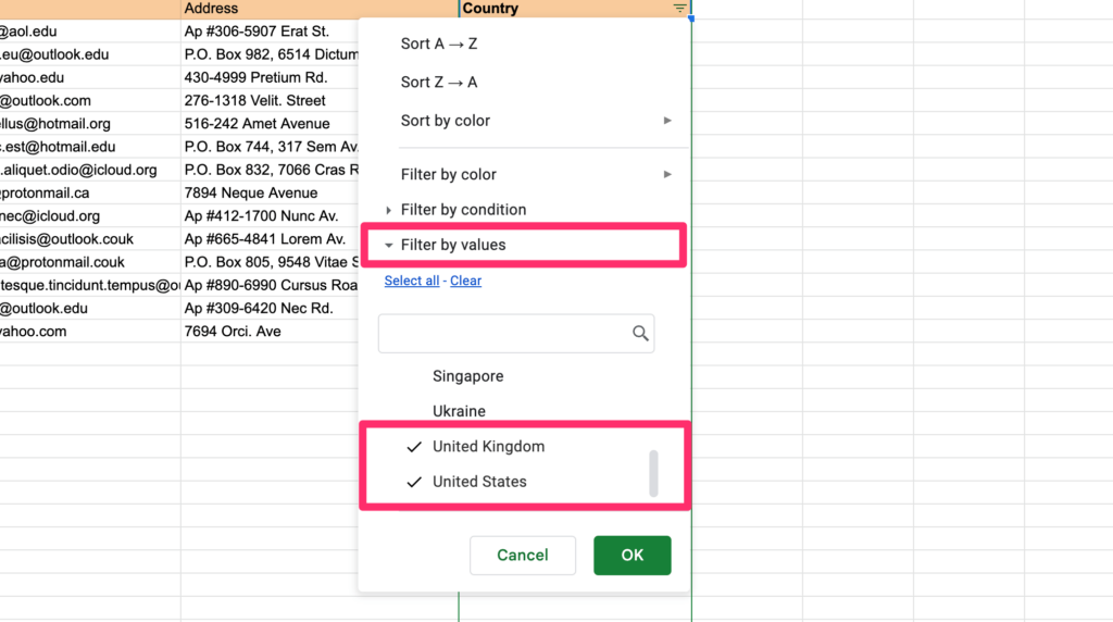 The screenshot shows filter options where we pick 'filter by values' and select 'united kingdom' and 'united states' as a values we want to show